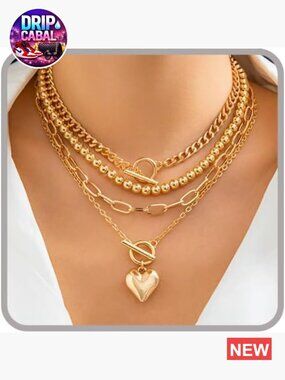 Layered Necklace Set Non Tarnish Chunky Paperclip Chain with Heart Pendant